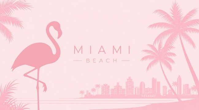 Minimalist pink Miami Beach vector featuring tropical flamingo, palm trees, and skyline