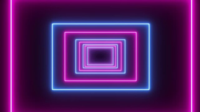 Neon rectangular tunnel background, glowing pink and blue light frames, abstract motion loop.