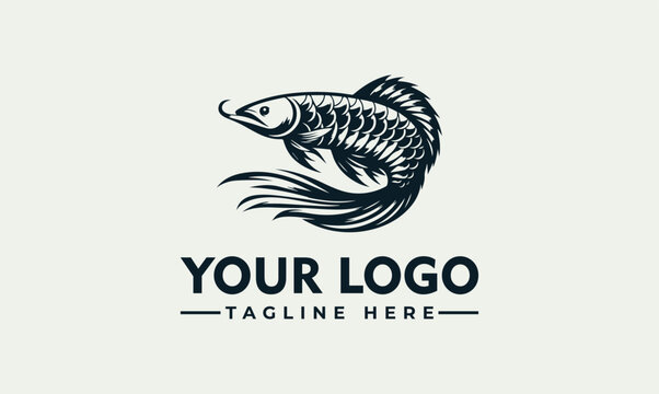 A majestic arowana fish swims in a stylized logo design for a business or brand