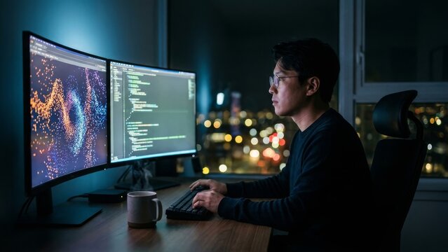 Technology - Asian Male Developer Working Late Night on Dual Monitor Setup with Data Visualization and Code