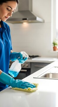 Woman Cleaning Kitchen Counter with Spray and Cloth.