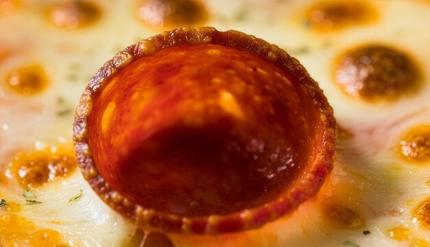 Top-down macro shot of a crispy, curled pepperoni cup on a freshly baked pizza with bubbling melted mozzarella cheese, ultra-shallow depth of field, professional commercial food photography.