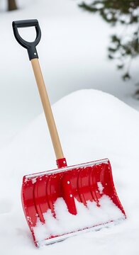 Red Snow Shovel Resting on Snowy Landscape.