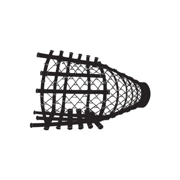 Traditional bamboo fish trap vector illustration, black silhouette of a woven wicker fishing basket, artisanal wooden fish cage icon on white background