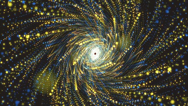 Glowing golden particles spiral through a dark blue vortex tunnel in a seamless 3D animation loop created for modern web header and website hero video backgrounds