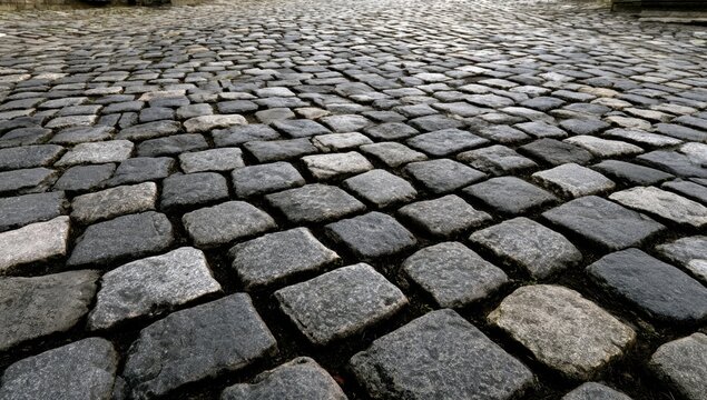 Weathered cobblestone pavement texture with gray and black stones arranged in a pattern