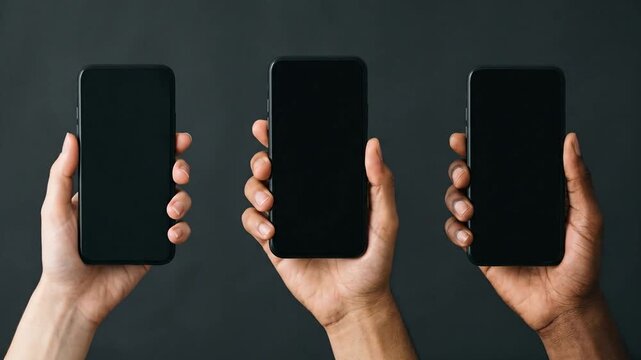 Three diverse hands holding blank smartphones against a dark studio background
