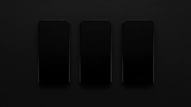 Three black smartphones with blank screens on a dark background