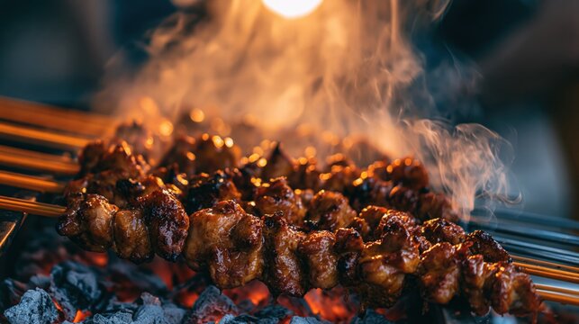 Glazed Meat Skewers Grilling over Glowing Charcoal