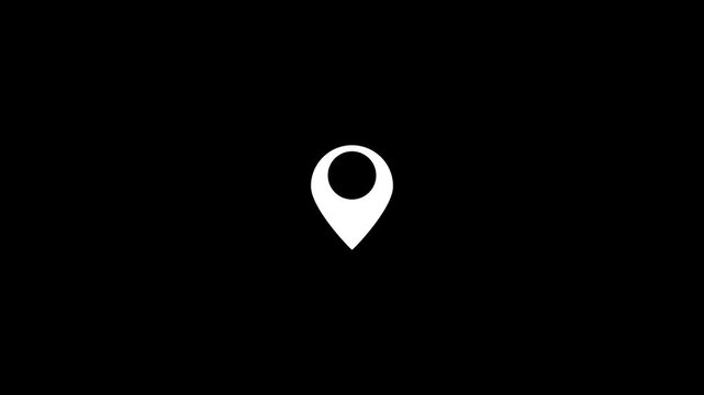 Glowing map pointer with icons on black background. Home location pin animation.