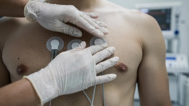 Close up of male chest with ECG electrodes being applied by healthcare professional in medical setting