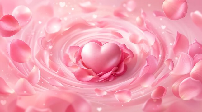 Soft pink heart among romantic rose petals on a dreamy swirling background.