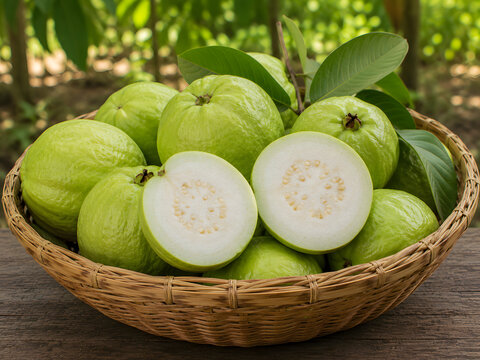 Fresh green guava fruits with cut half showing white flesh and seeds in wicker basket