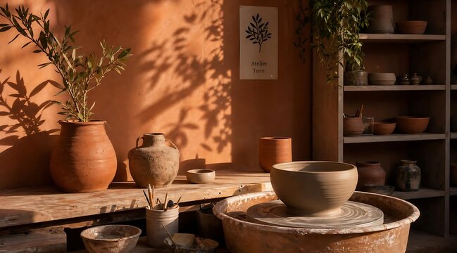 Terracotta pottery workshop with rustic pots, wheel, tools, and sunlight.