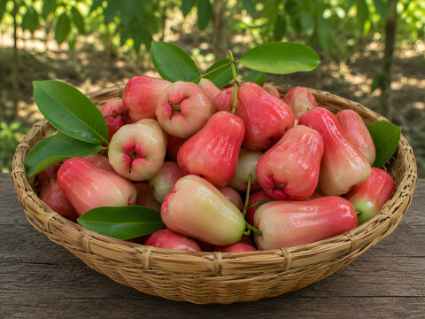 Fresh and juicy rose apples (wax apples) in a wicker basket on a wooden table in an orchard background.