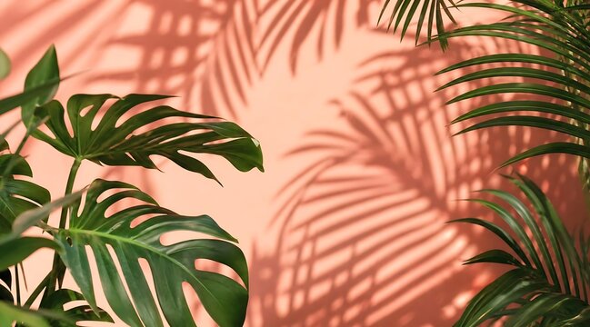 Tropical monstera and palm leaves with shadows on pink wall background