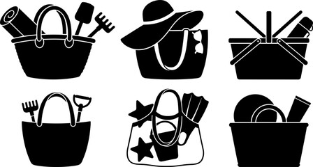 Summer Beach Bags and Picnic Baskets Silhouette Icon Set with Sun Hat, Thermos, Sand Toys, Flippers, and Sunscreen Lotion Product Symbols © Mdsumon
