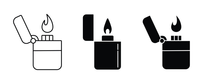 Flip Top Lighter Vector Icon Set, Cigarette Lighter with Flame Outline and Silhouette Collection for Fire, Smoking Accessory and Ignition Design Isolated on White Background