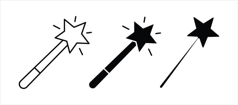 Magic Wand Vector Icon Set, Fairy Wand Outline and Silhouette Collection for Fantasy, Wizard, Enchantment and Magic Show Design Isolated on White Background