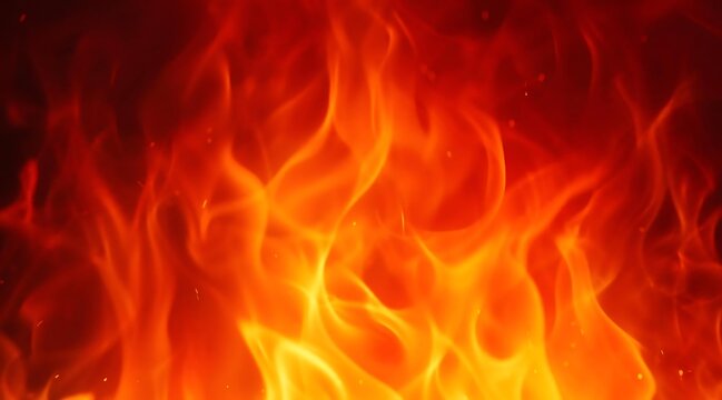 Vibrant red and orange fire flames flicker with sparks on a dark abstract background.