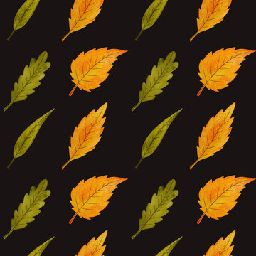 Watercolor seamless pattern with autumn leaves on a dark background.