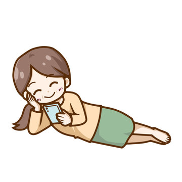 寝転がってスマートフォンを見る中年女性のイラスト｜くつろぐ主婦のデフォルメ人物素材