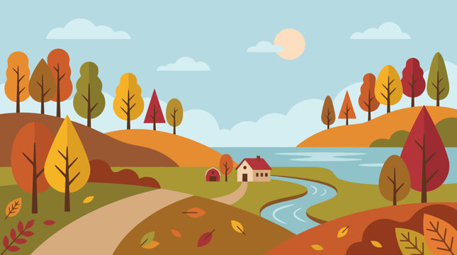 Captivating autumn landscape with a charming dwelling nestled beside a flowing river and vibrant trees displaying seasonal foliage under a sunlit sky perfect for seasonal promotions and