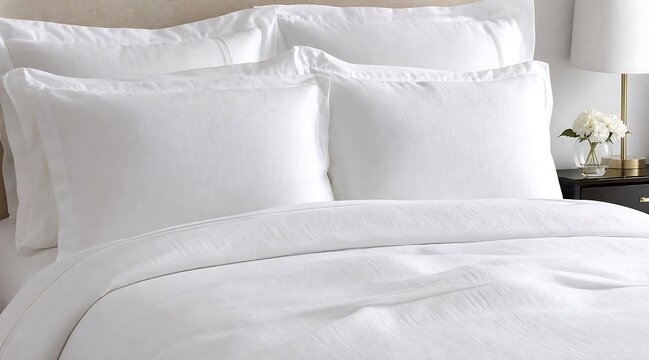 White cotton bedding set with pillows in a modern luxury hotel bedroom