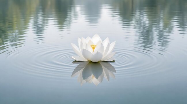 White lotus flower floats on tranquil water with gentle ripples and reflection