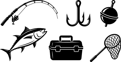 Recreational Fishing and Angling Equipment Icon Set with Rod, Hook, Bobber, Tuna Fish, Tackle Box, and Landing Net Symbols for Outdoor Sport Designs © Mdsumon