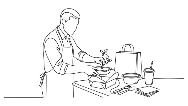 Continuous line drawing of a restaurant worker packing a food order