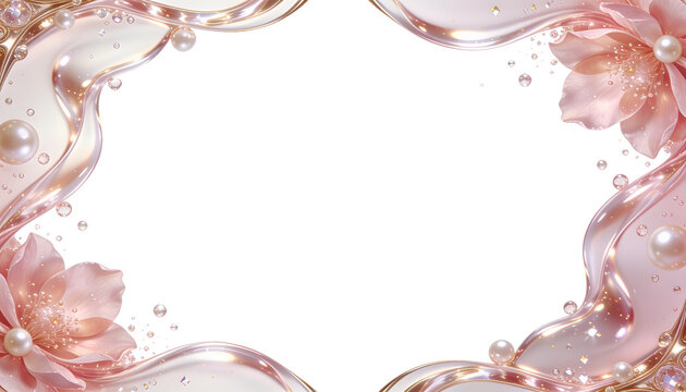 ピンクゴールドの液体と花びら、パールで飾った美容フレームの背景透過PNG