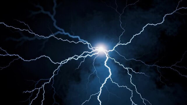 Powerful blue lightning bolts illuminating dark stormy sky with electric energy