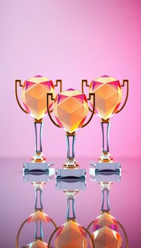 Geometry-inspired trophies on reflective surface, reflective surface, geometric patterns
