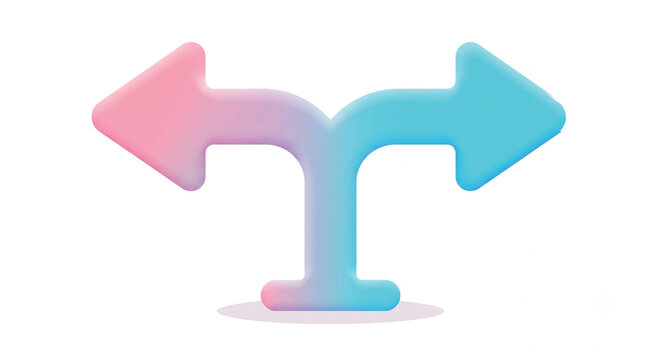 3D gradient split directional arrow icon pointing left and right in pastel pink and blue colors