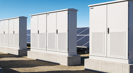 Modern solar energy storage units lined up with photovoltaic panels in background © Snide12