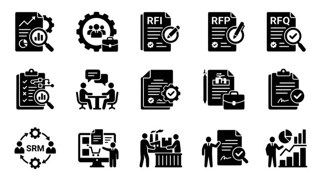 Business Procurement and Supply Chain Management Glyph Icons Set. Documents, Processes, and Analysis Solid Vector.