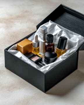 Open beauty subscription box with skincare minis makeup samples tissue paper and black packaging highlighting Black Friday beauty box promotion