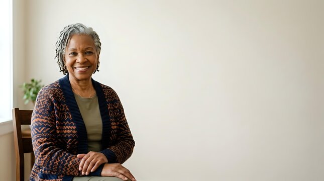 Smiling senior woman with gray curly hair wearing a patterned cardigan sitting near a window against a plain white wall