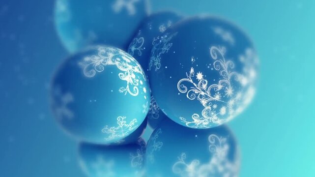 Abstract 3D blue spheres with glowing snowflake patterns moving in loop