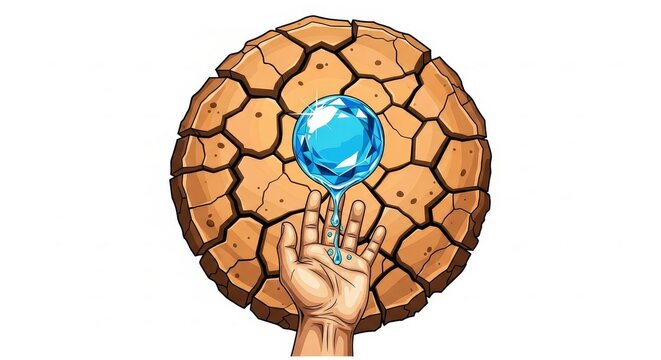Environment - Cracked Dry Earth Globe With Hand Reaching For Glowing Blue Water Drop Crystal Gem
