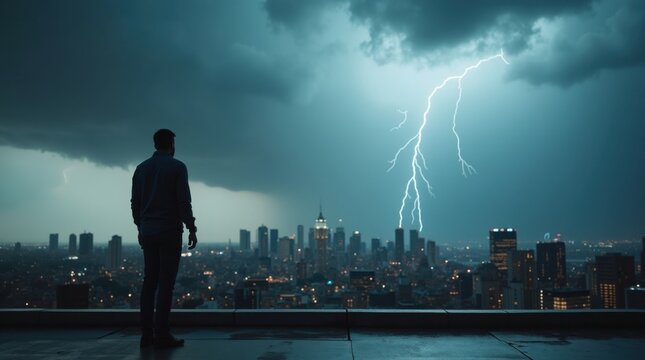 Azotea urbana durante una tormenta que se aproxima; una persona observa las nubes espectaculares sobre el horizonte de la ciudad