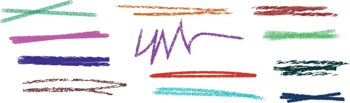 Colorful crayon strokes and scribbles collection on white background