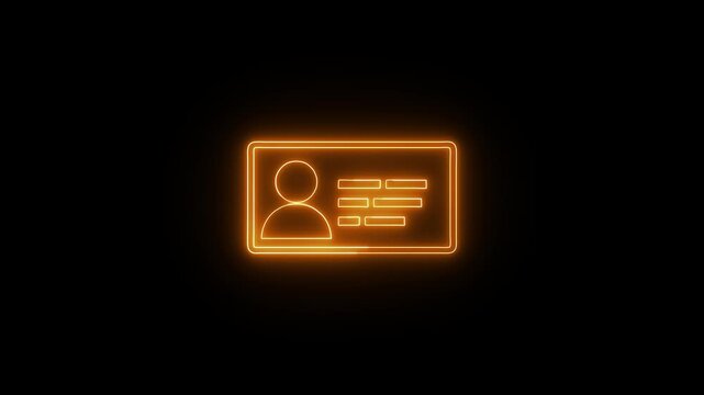 Neon ID card icon representing digital identification and access control. Isolated on dark background.