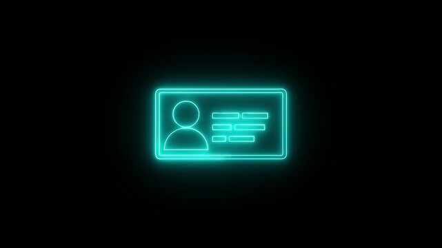 Neon ID card icon representing digital identification and access control. Isolated on dark background.