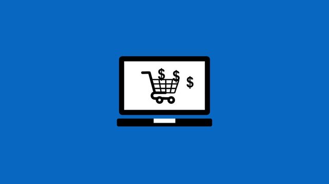 A minimalist vector illustration representing online shopping. It features a laptop with a shopping cart and dollar signs on the screen, symbolizing e-commerce, digital payments