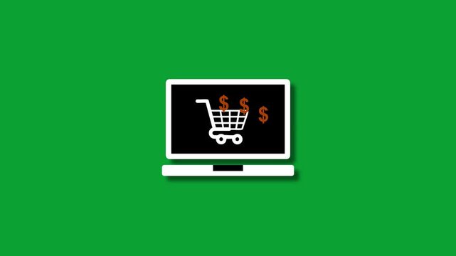 A minimalist vector illustration representing online shopping. It features a laptop with a shopping cart and dollar signs on the screen, symbolizing e-commerce, digital payments