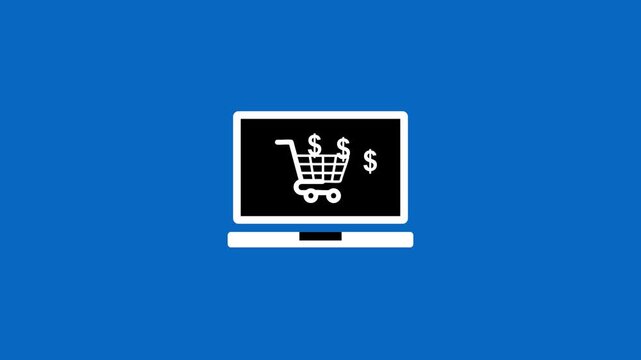 A minimalist vector illustration representing online shopping. It features a laptop with a shopping cart and dollar signs on the screen, symbolizing e-commerce, digital payments