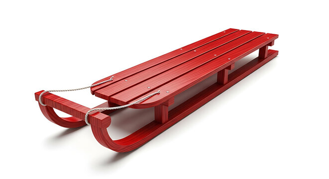 Red wooden sled isolated on white. Classic winter toboggan for snow sports and recreation.