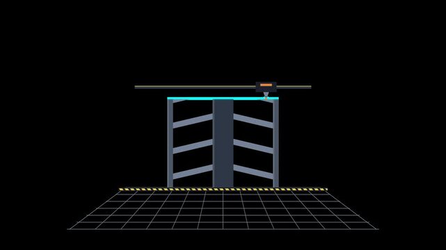 Flat vector motion of high-tech laser scanner and 3D printing machine structure with digital grid lines on black background